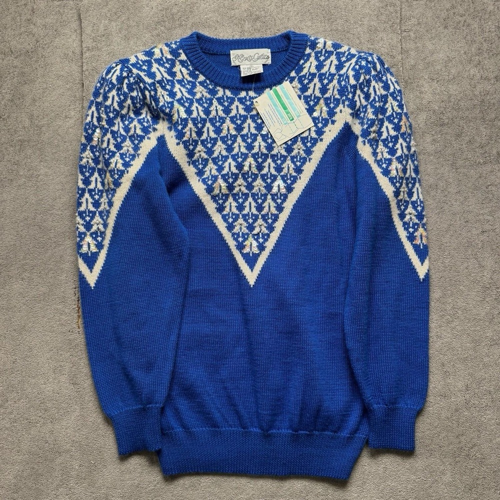 80s Blue Wool Fair Isle Sweater Small Alexa Grace Angora NWT Ice Skater Y2K - Picture 5 of 9